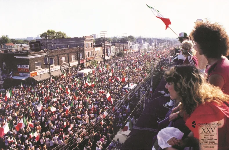 Italian Canadians fill St. Clair Avenue in Toronto on the night of July 11, 1982 to celebrate Italy's World Cup victory