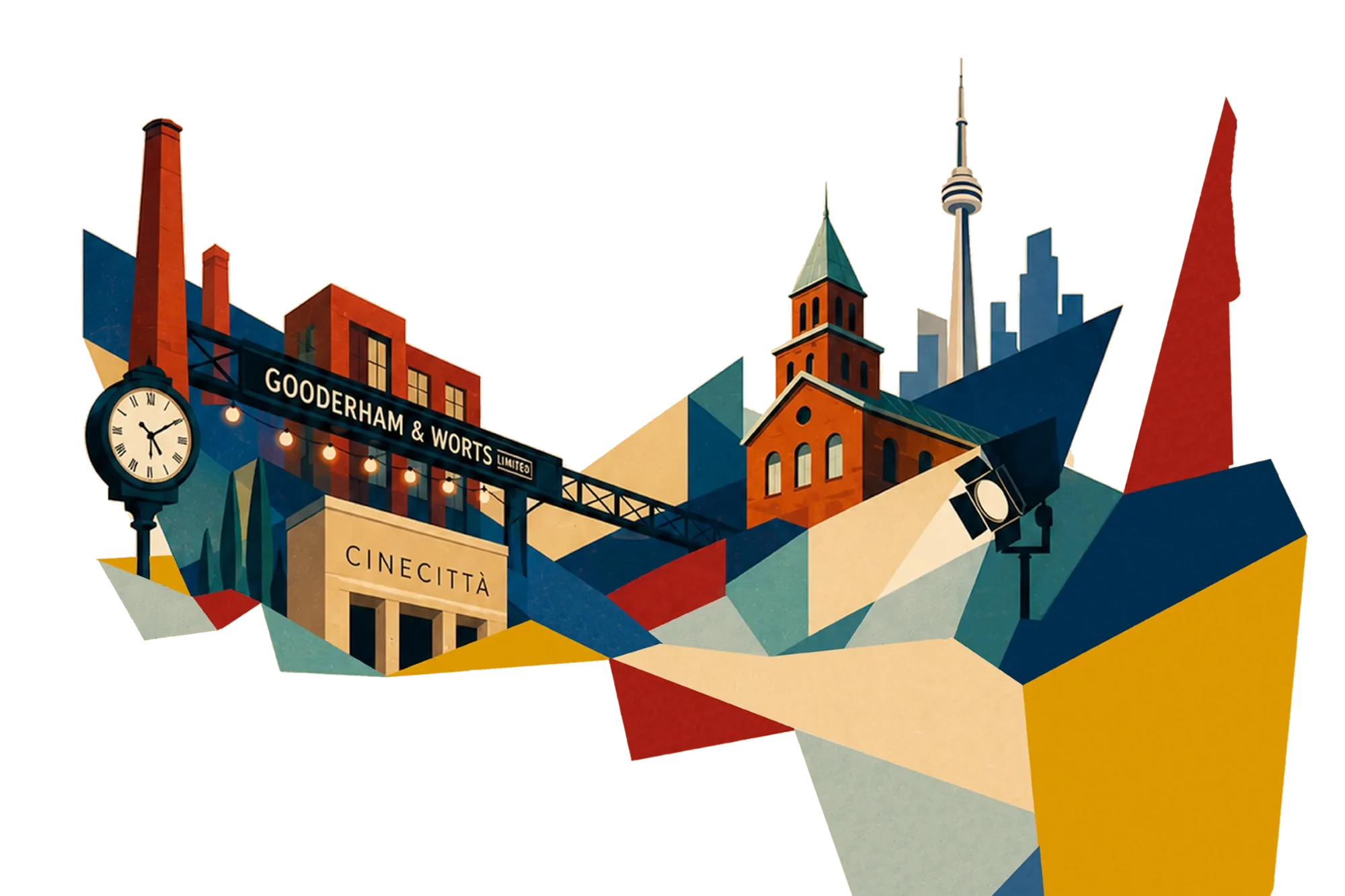 Toronto meets Cinecittà: the Distillery District, the CN Tower and Cinecittà in a geometric illustration